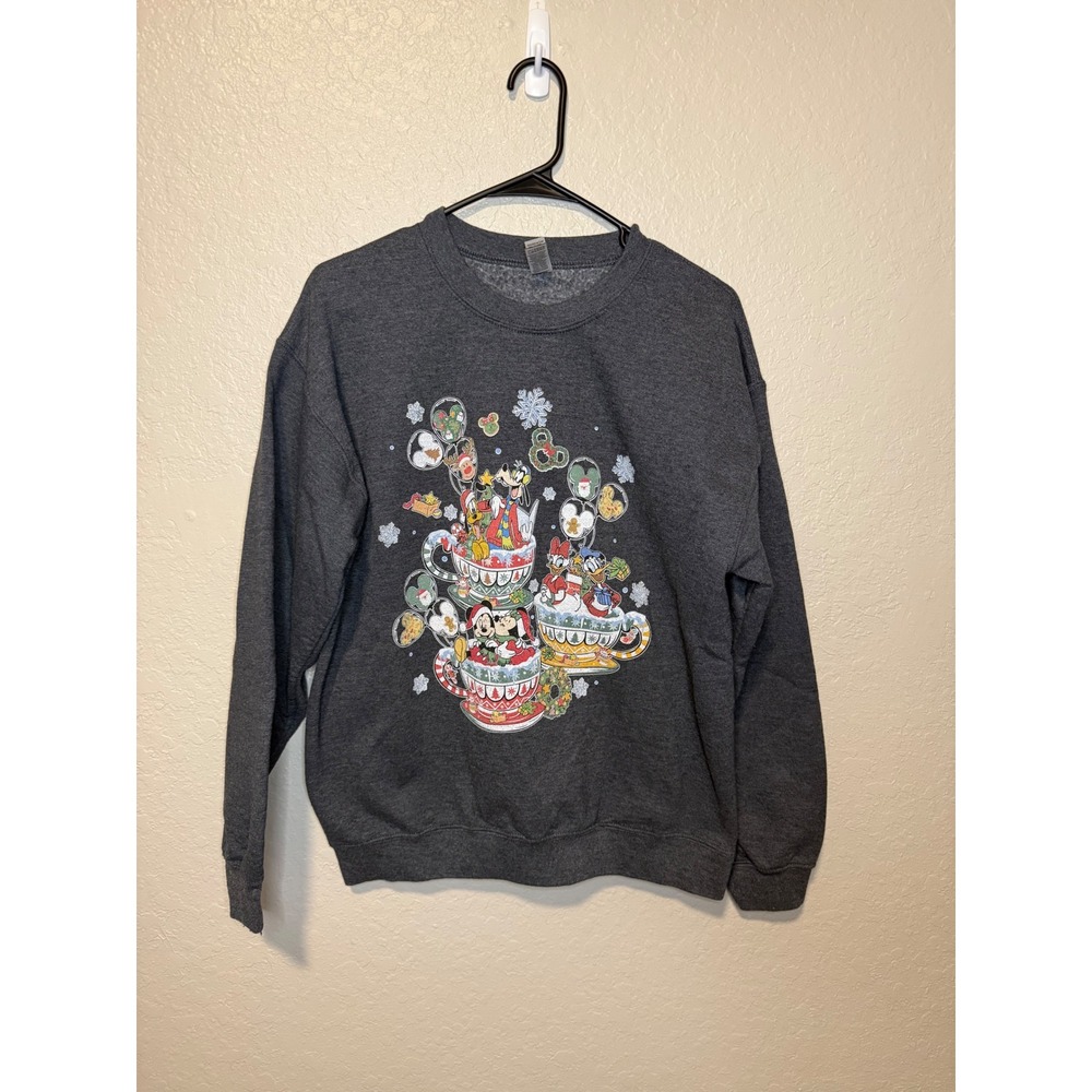 Disney Christmas Sweatshirt Mickey Mouse & Friends Holiday Gray Medium
